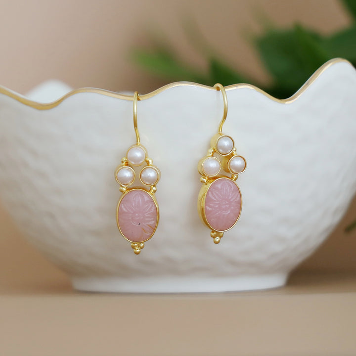 Carved Oval Tri Pearl Drop