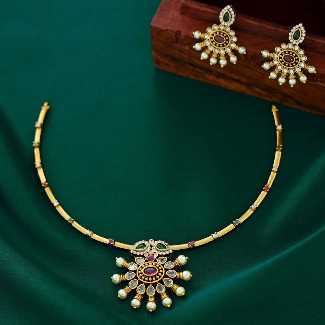 Smitakshi Golden Multicoloured Stoned Neckpiece With Earring