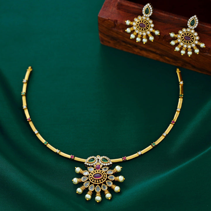 Smitakshi Golden Multicoloured Stoned Neckpiece With Earring