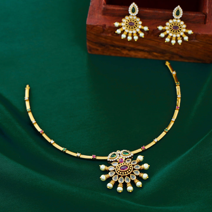Smitakshi Golden Multicoloured Stoned Neckpiece With Earring