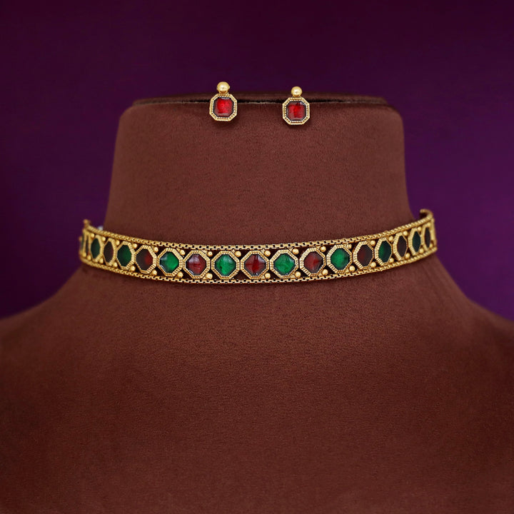 Malavika Golden Octagon Enamel Choker With Stud