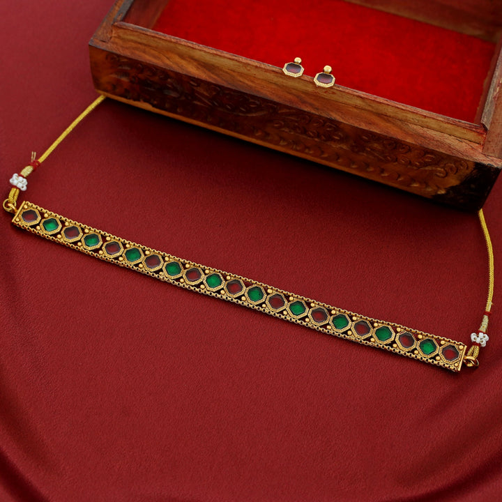 Malavika Golden Octagon Enamel Choker With Stud