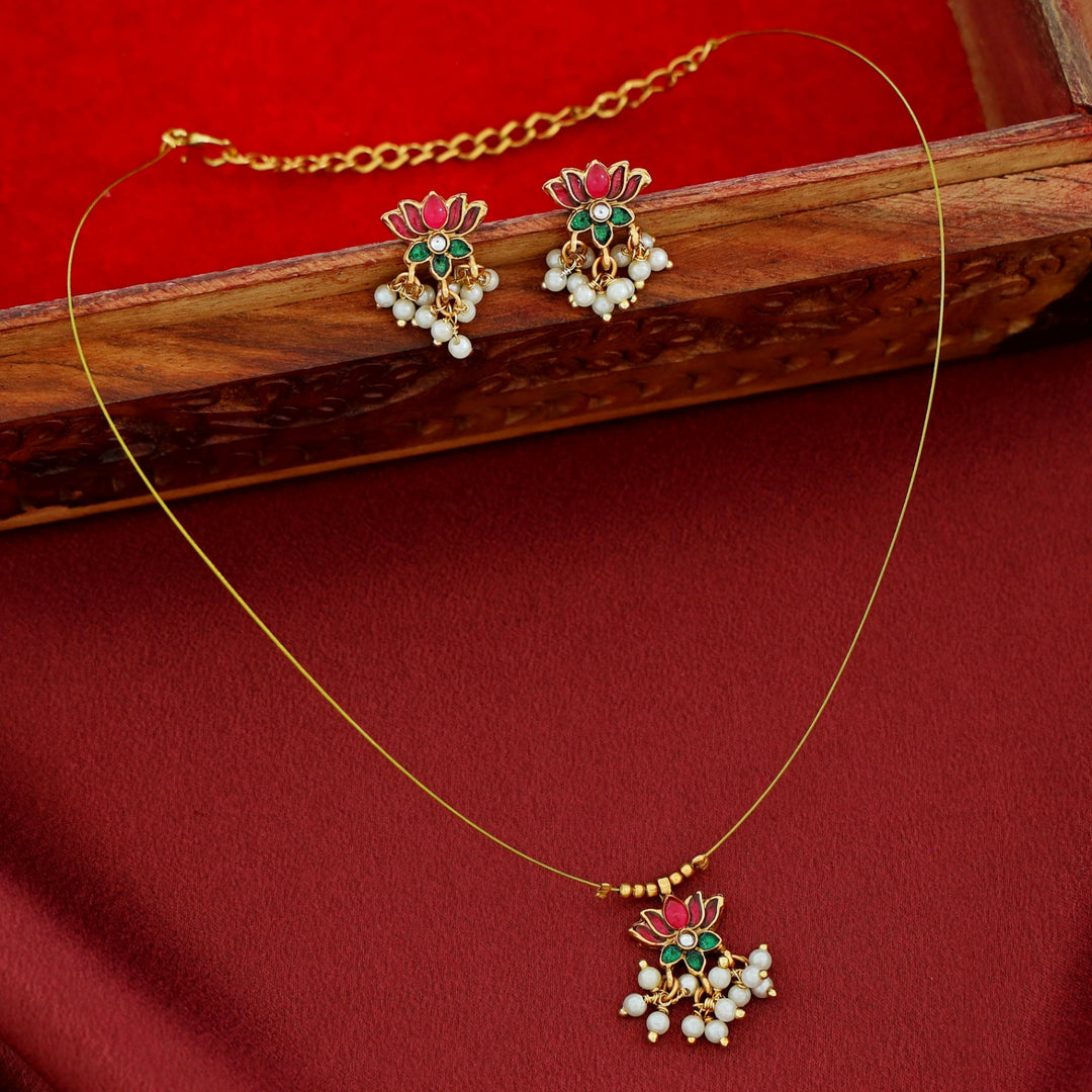 Arusha Mini Lotus Pearl String Neckpiece with Earring