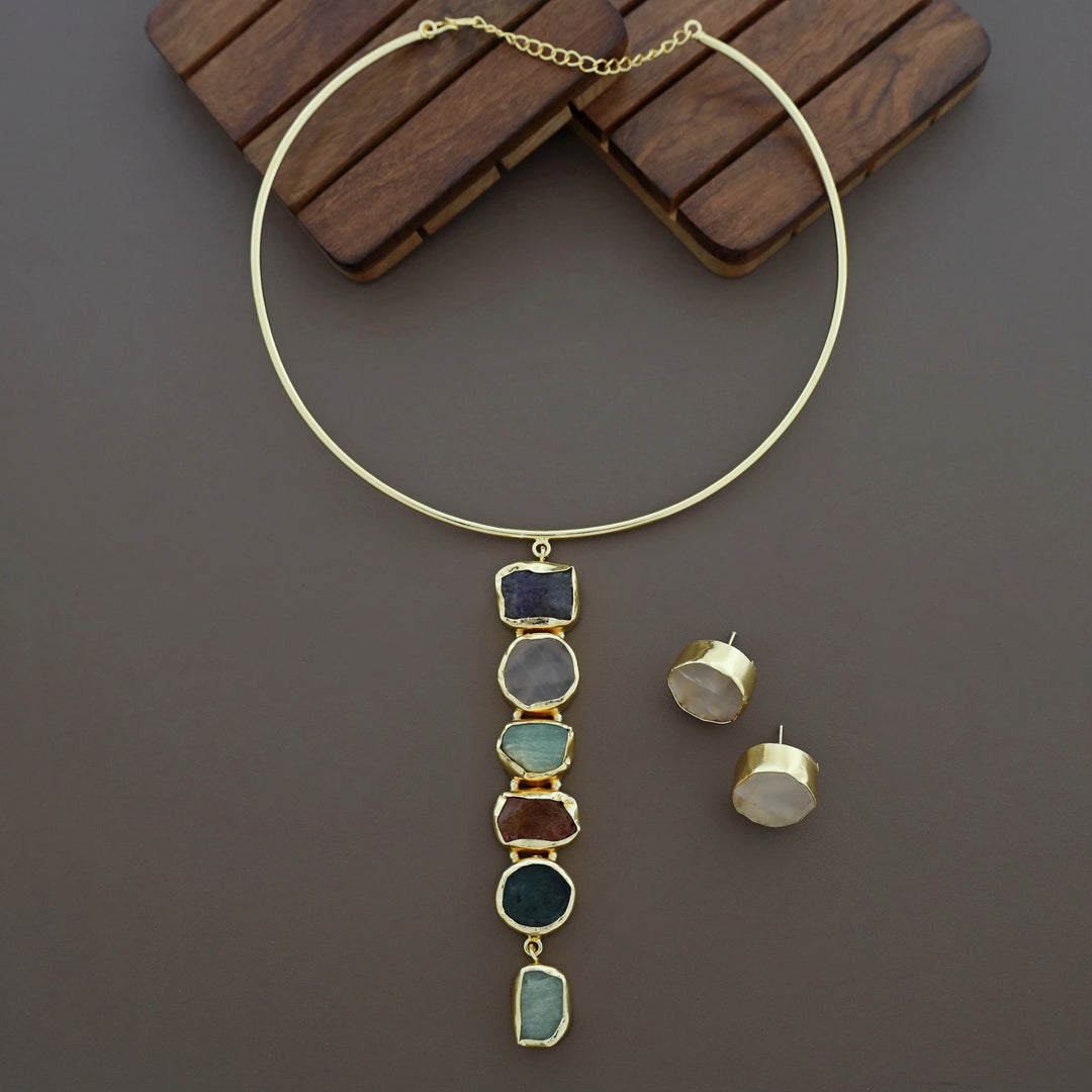 Acelee Multicolour Raw Stone Neck Cuff With Stud