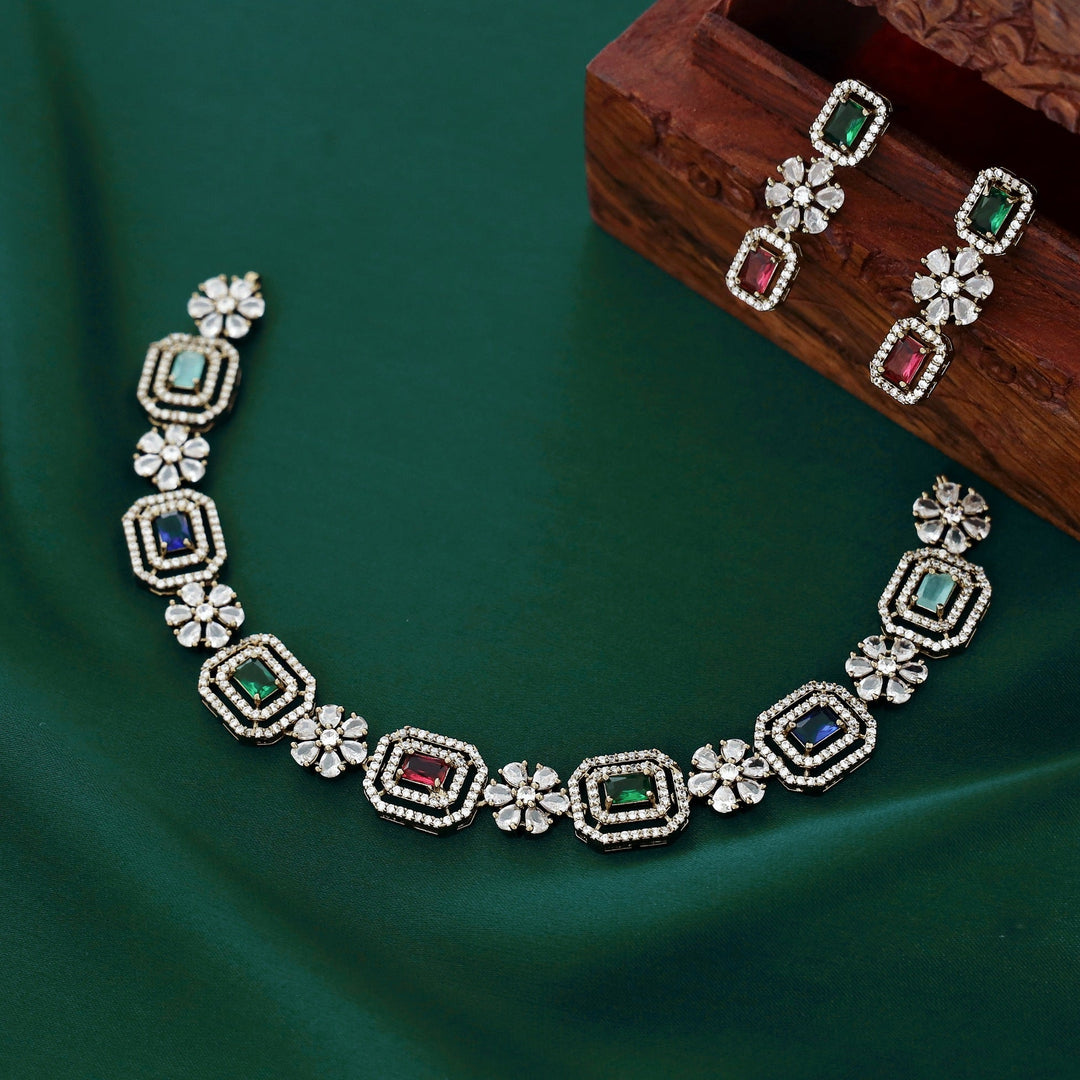 Saira AD Stone Flowery Rectangle Neckpiece With Earring
