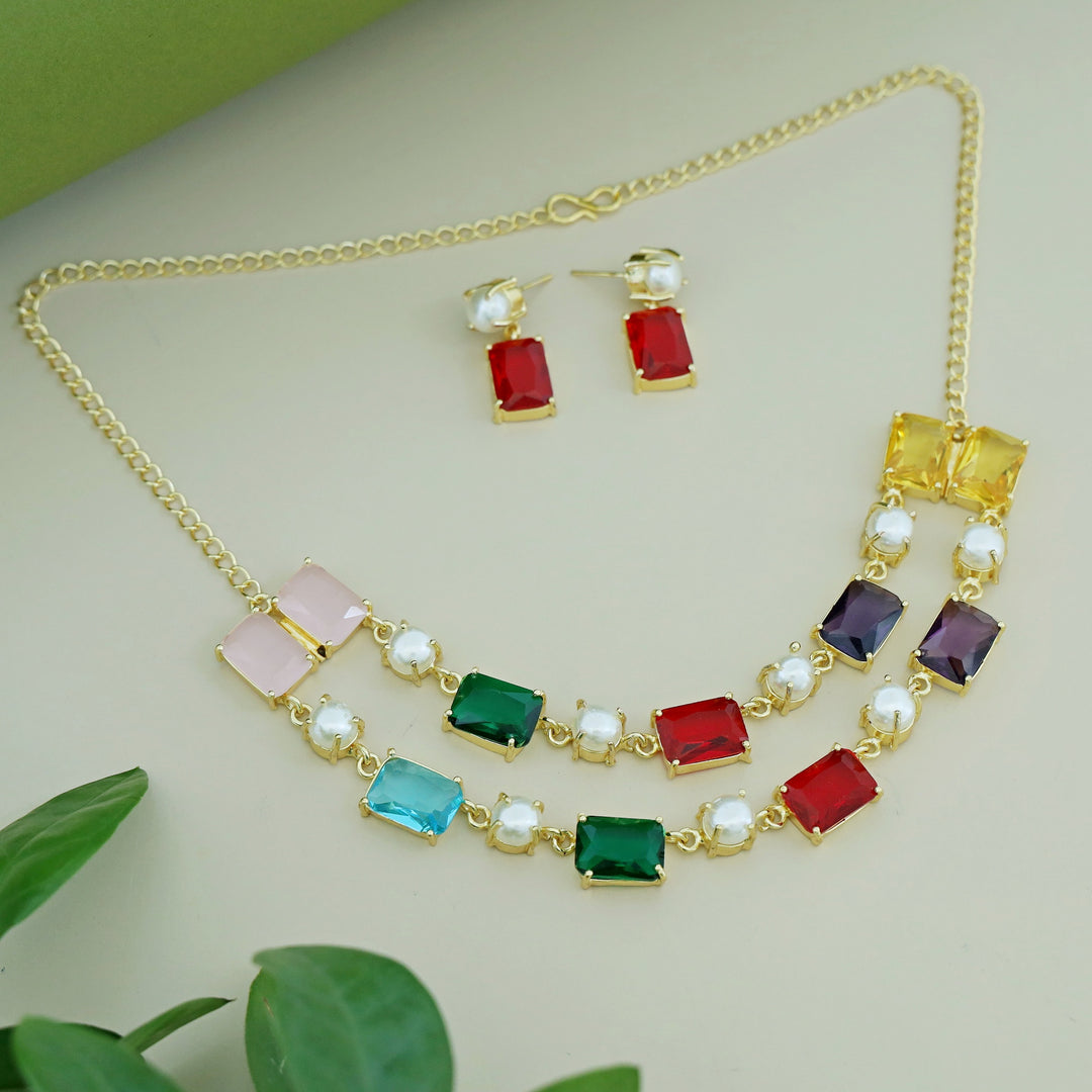 Naksha 2 Layer Multicolour Glossy Pearl Short Neckpiece  With Earring