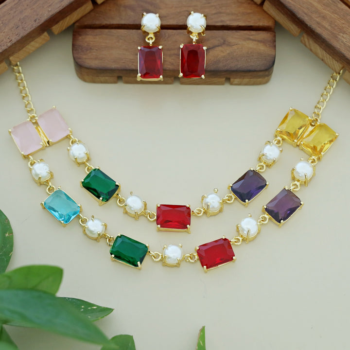 Naksha 2 Layer Multicolour Glossy Pearl Short Neckpiece  With Earring