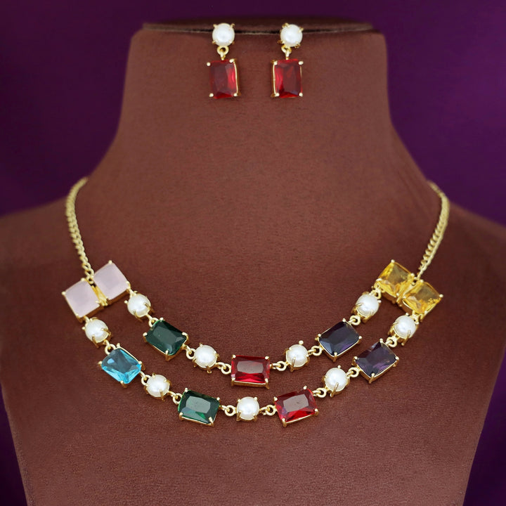 Naksha 2 Layer Multicolour Glossy Pearl Short Neckpiece  With Earring