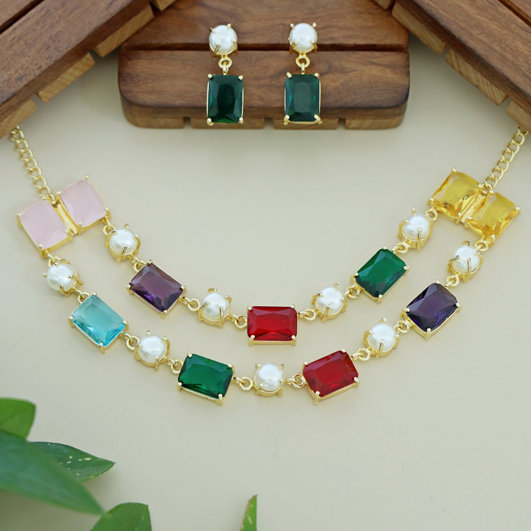 Naksha 2 Layer Multicolour Glossy Pearl Short Neckpiece  With Earring
