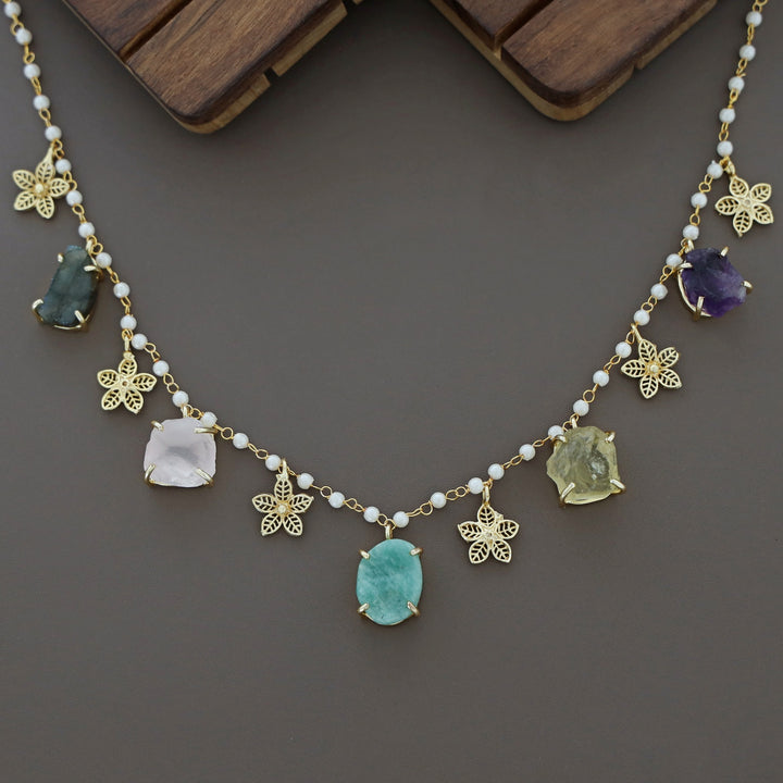 5 Raw Stone + Flower Carly Pearl Neckpiece