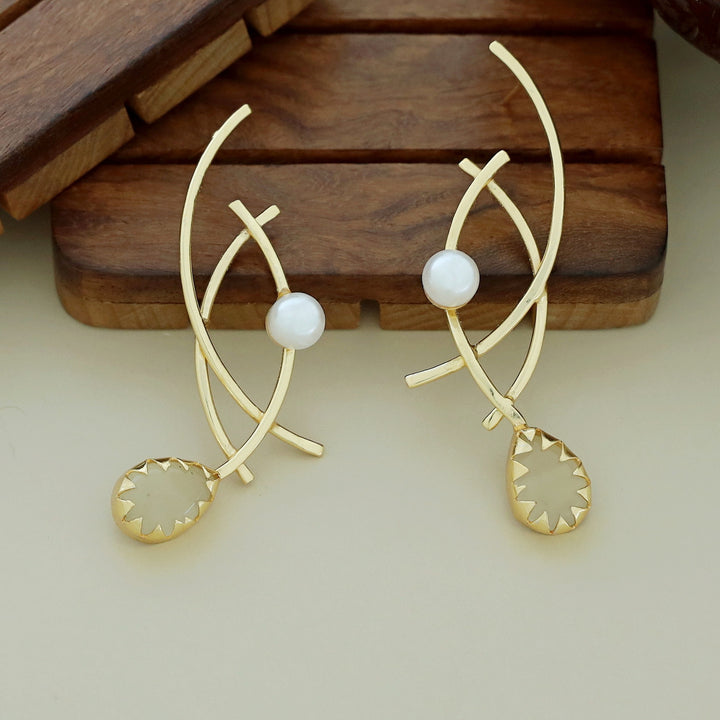 Alayna Golden Triple Curvy Glossy Pearl Drop Earring