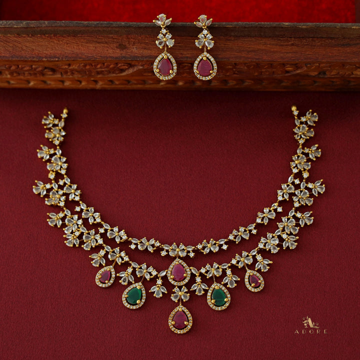 Premium 2 Layer Dew Drops AD Short Neckpiece with Earring