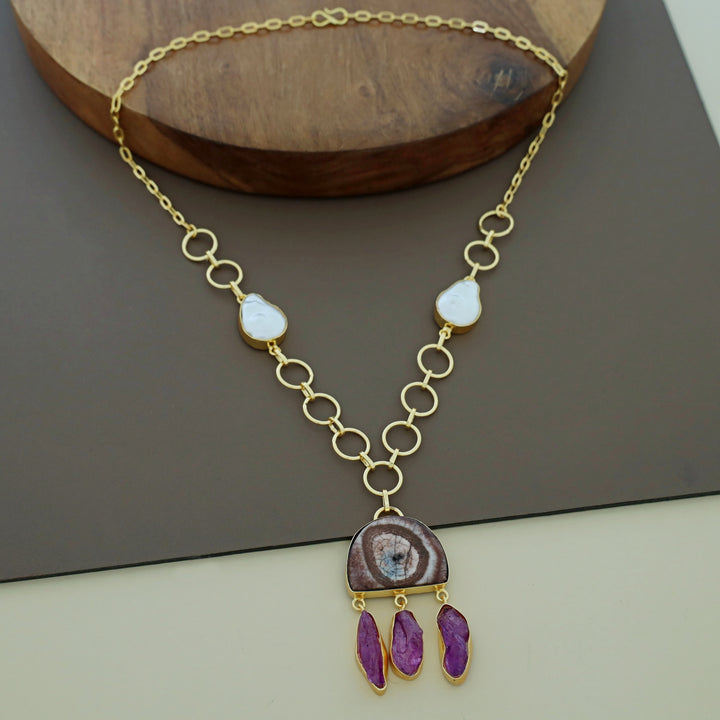 Nancy Golden Circle Baroque + Agate + Raw Stone Neckpiece