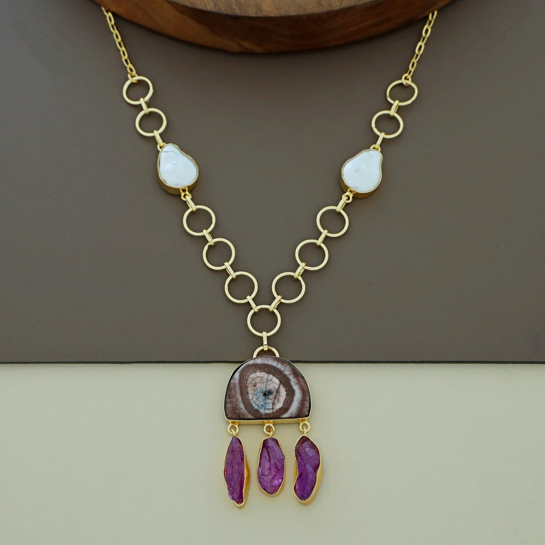 Nancy Golden Circle Baroque + Agate + Raw Stone Neckpiece