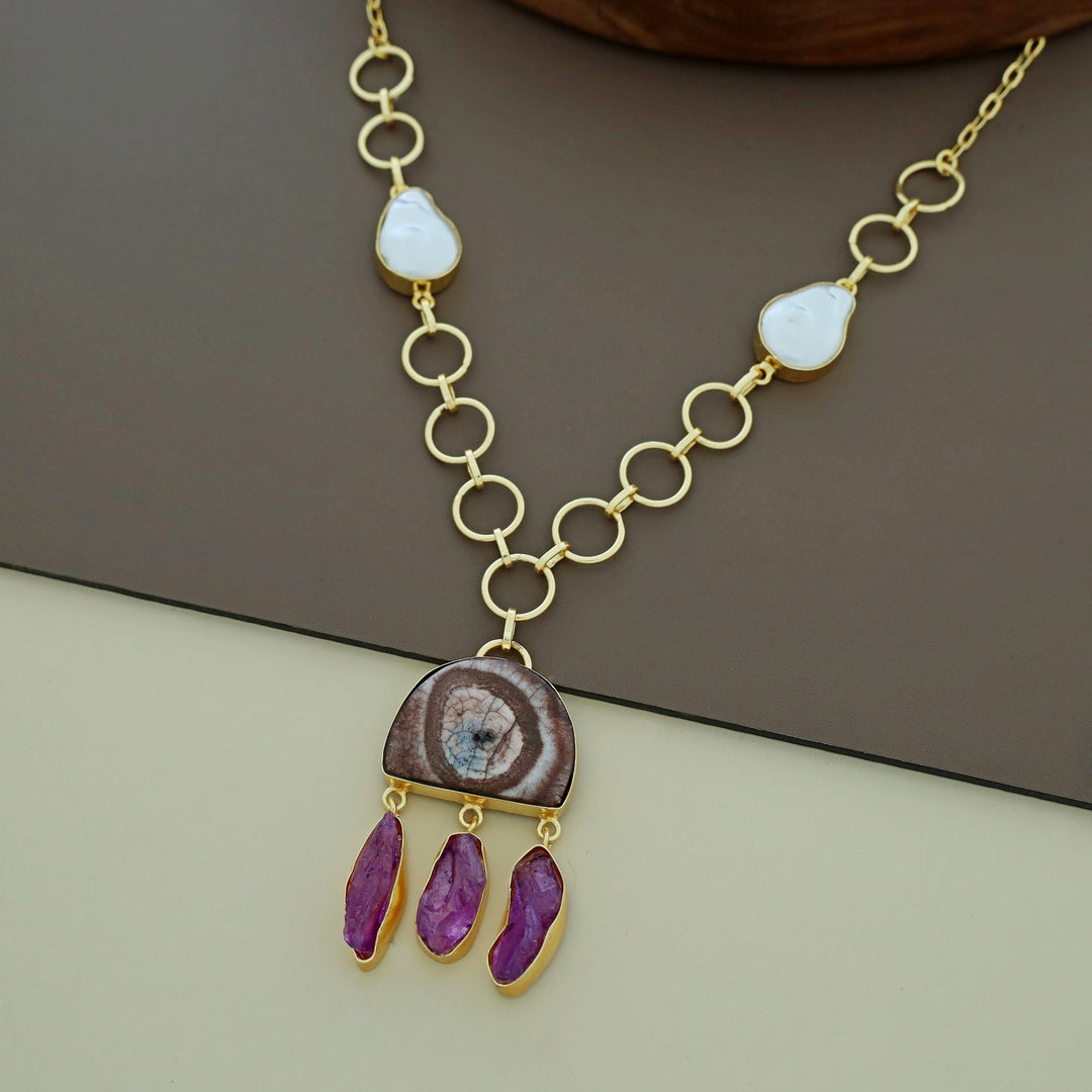 Nancy Golden Circle Baroque + Agate + Raw Stone Neckpiece