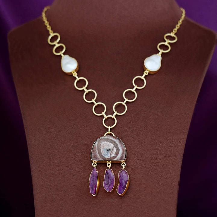 Nancy Golden Circle Baroque + Agate + Raw Stone Neckpiece