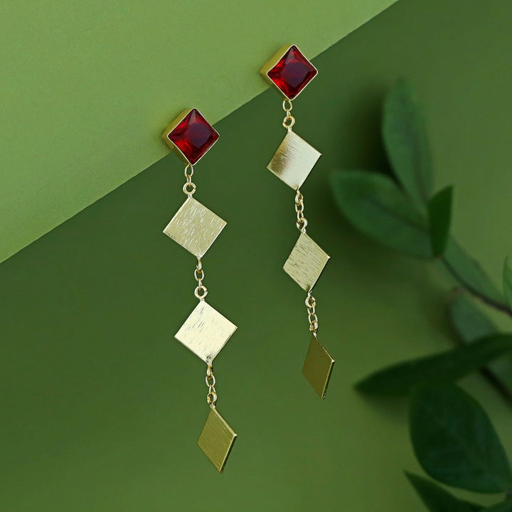 Oviya Golden Glossy Triple Diamond Hanging Earring