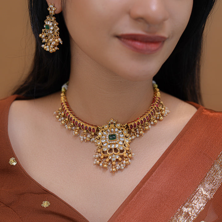 Kashvi Kundan Pearl Branch Wing Neckpiece With Earring