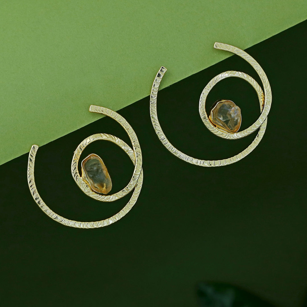 Nyra Golden Textured Spiral Raw Stone Earring