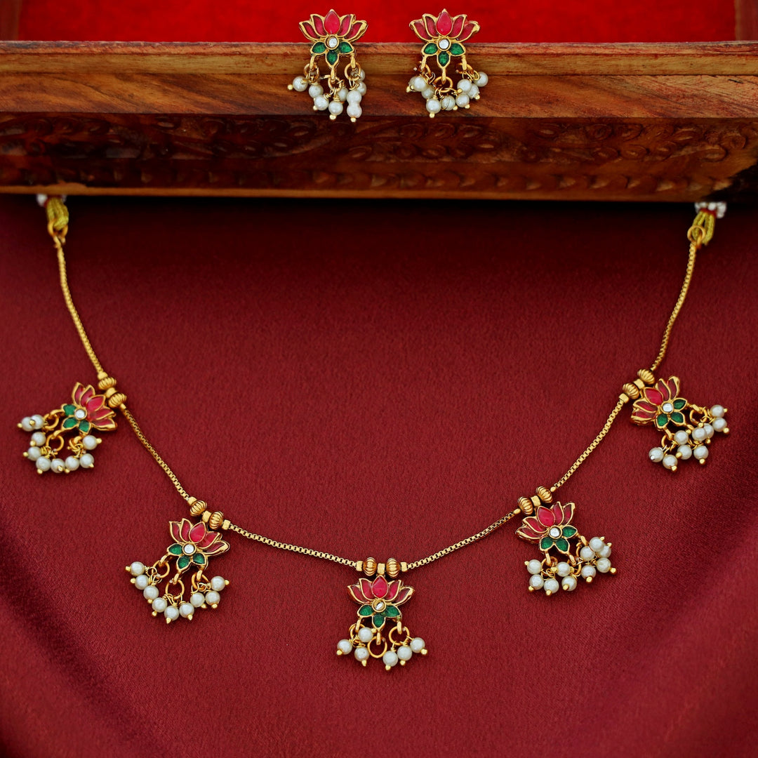 Arusha Mini 5 Lotus Pearl Golden Ball Short Neckpiece With Earring