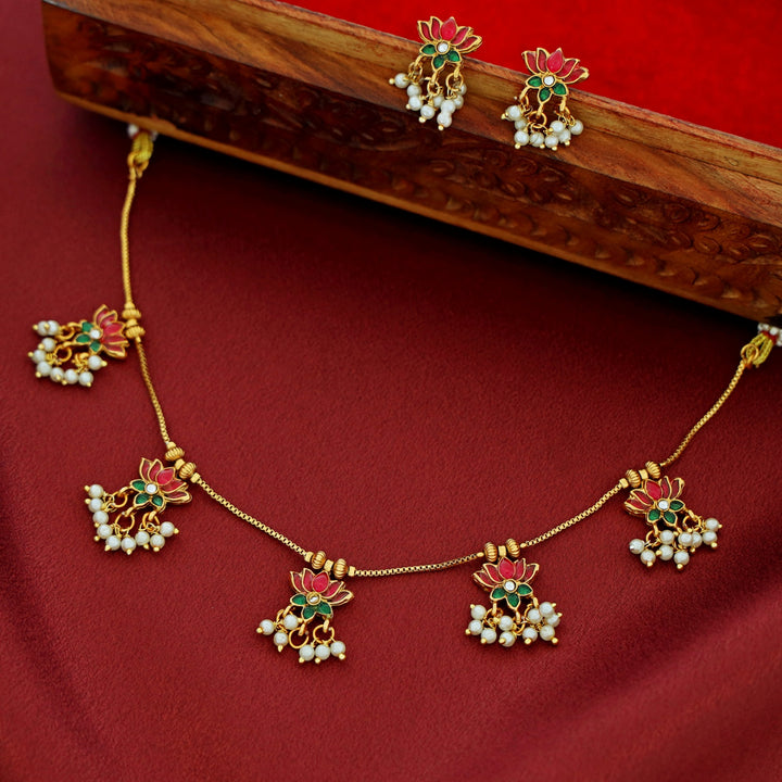 Arusha Mini 5 Lotus Pearl Golden Ball Short Neckpiece With Earring