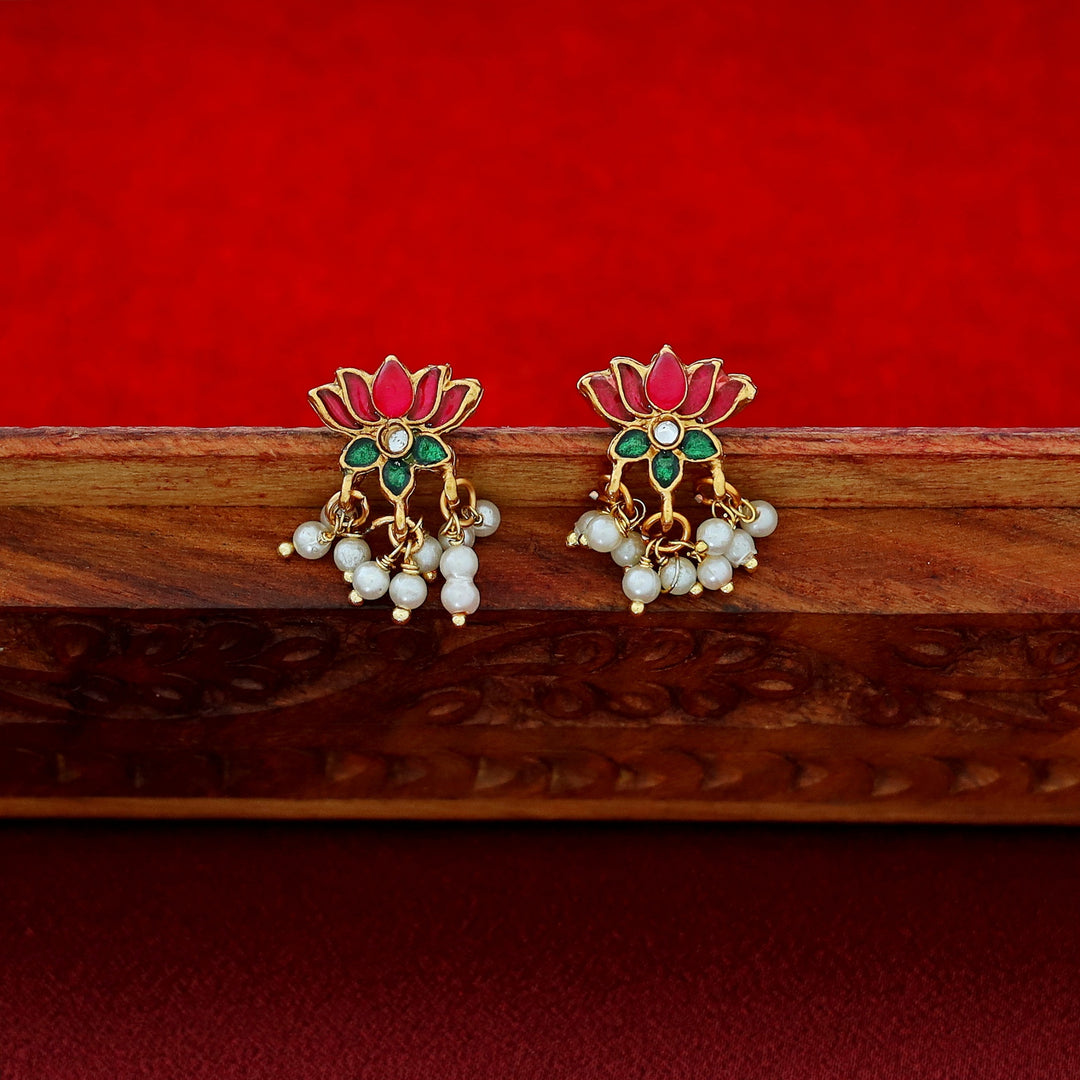 Arusha Mini 5 Lotus Pearl Golden Ball Short Neckpiece With Earring