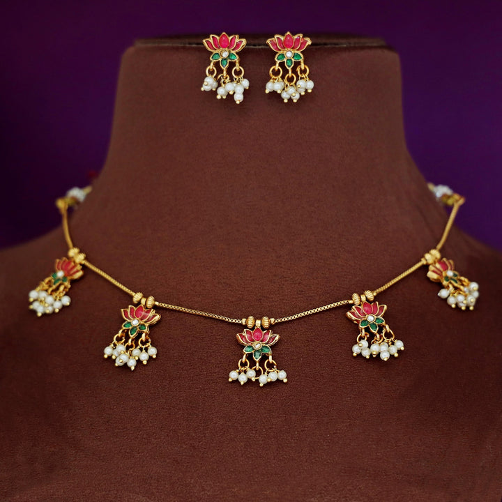 Arusha Mini 5 Lotus Pearl Golden Ball Short Neckpiece With Earring