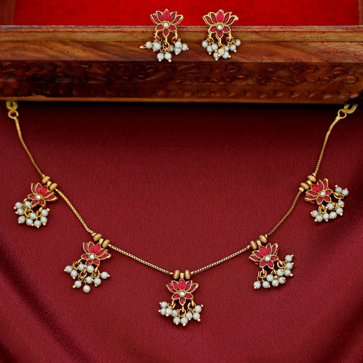 Arusha Mini 5 Lotus Pearl Golden Ball Short Neckpiece With Earring