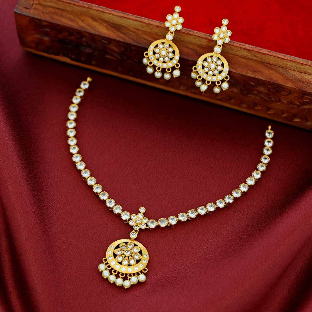Niharika AD Stone Pearl Short Neckpiece With Earring