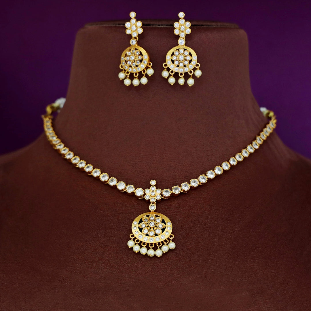 Niharika AD Stone Pearl Short Neckpiece With Earring