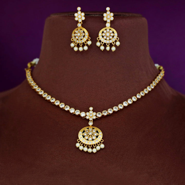 Niharika AD Stone Pearl Short Neckpiece With Earring