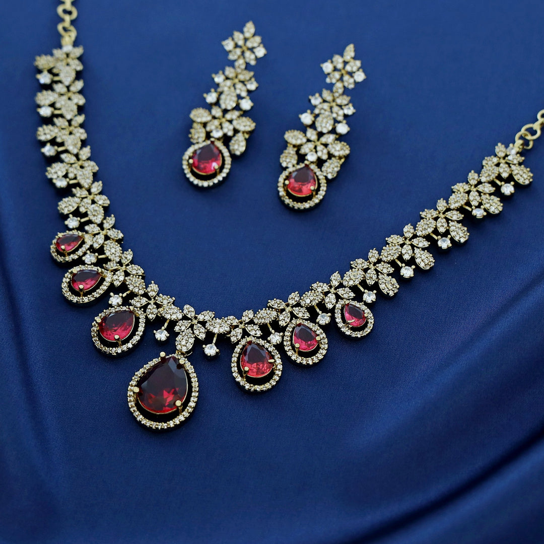 Premium Darcie AD Stone Glossy Drop Short Neckpiece With Earring