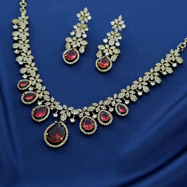 Premium Darcie AD Stone Glossy Drop Short Neckpiece With Earring