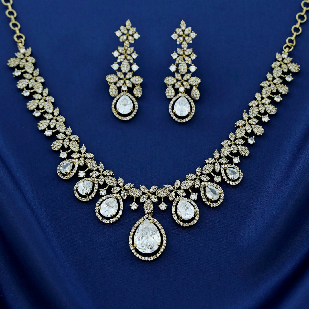 Premium Darcie AD Stone Glossy Drop Short Neckpiece With Earring