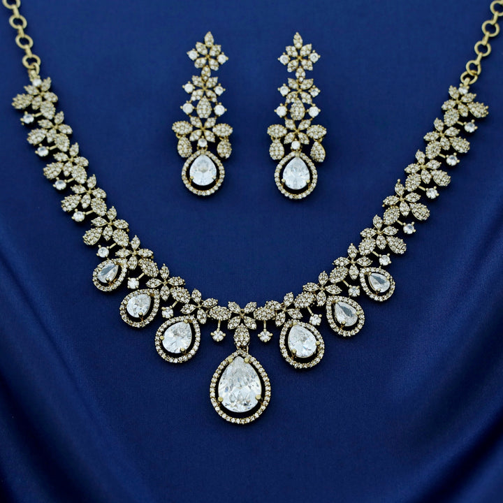 Premium Darcie AD Stone Glossy Drop Short Neckpiece With Earring