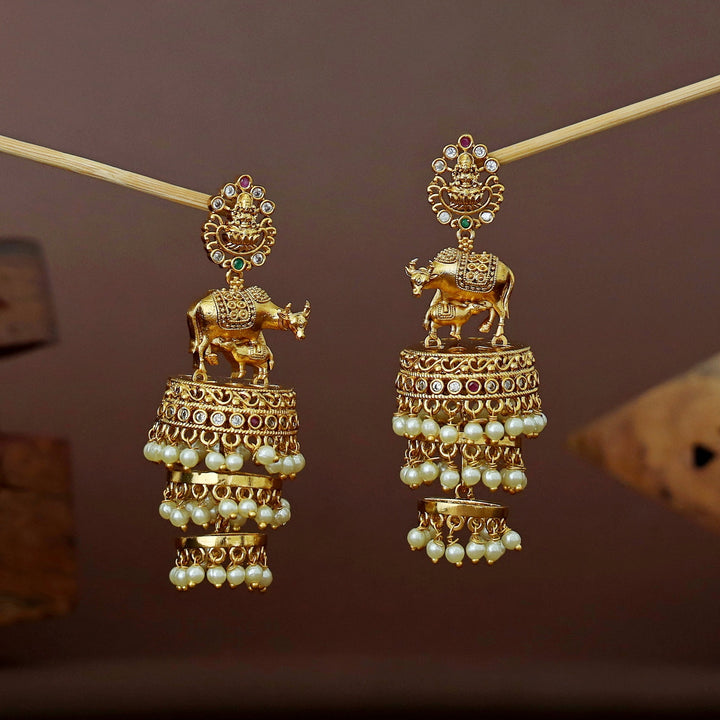 Lekshmi Feeding Calf Design Three Layer Pearl Jhumka