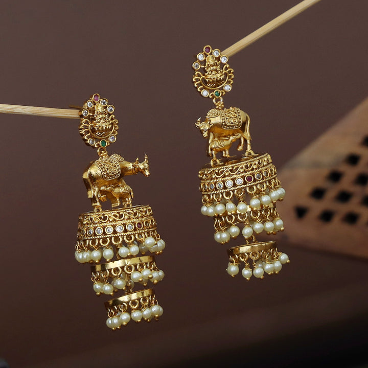 Lekshmi Feeding Calf Design Three Layer Pearl Jhumka