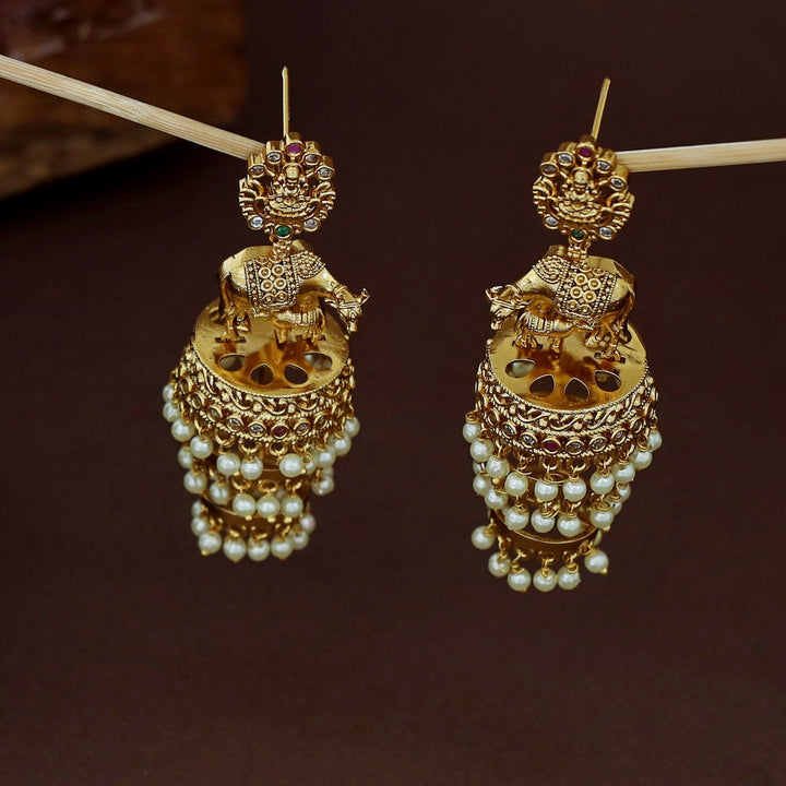 Lekshmi Feeding Calf Design Three Layer Pearl Jhumka