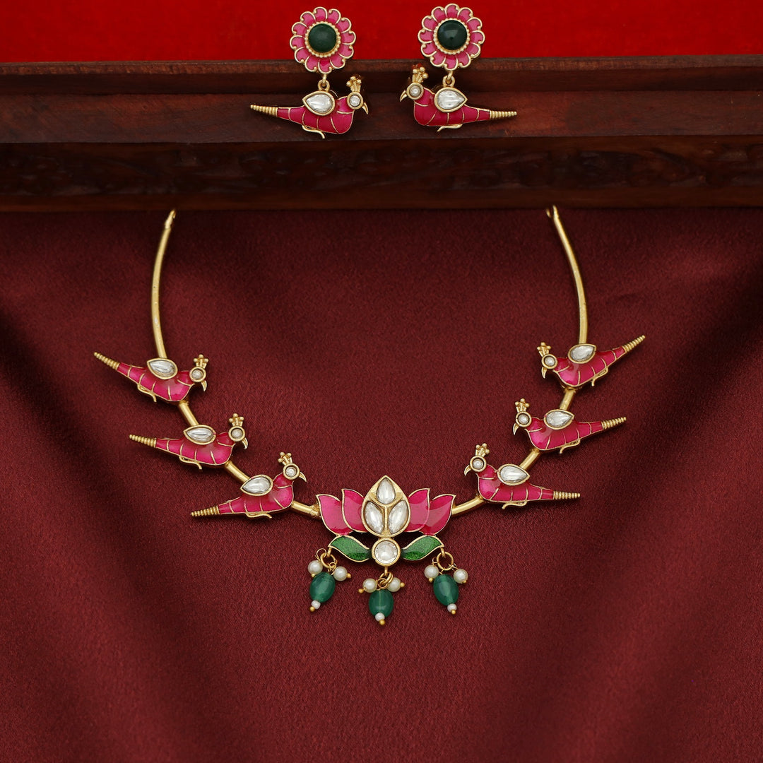 Lotus With Bird Neckpiece With Earring