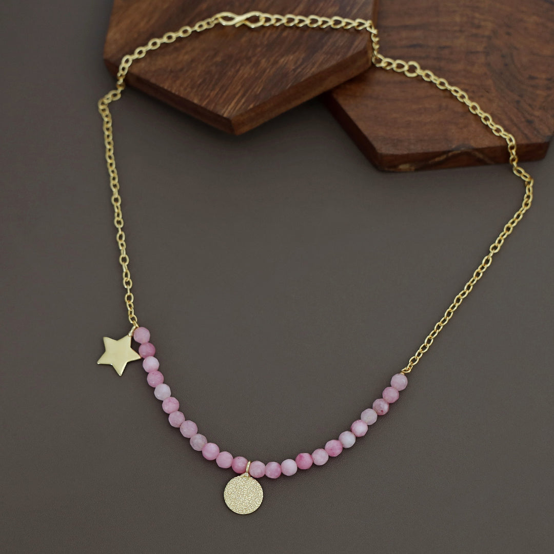 Zahrah Golden Textured Circle Moon And Star Beaded Neckpiece
