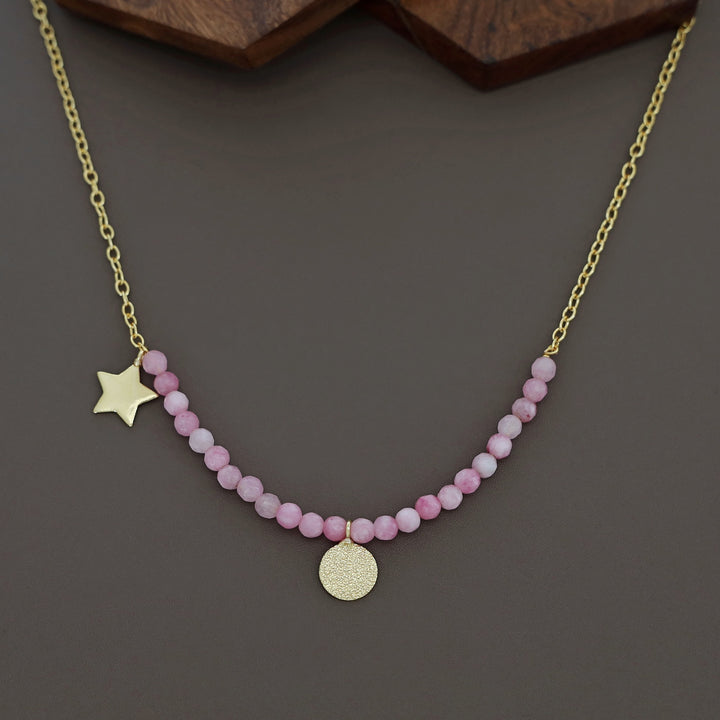 Zahrah Golden Textured Circle Moon And Star Beaded Neckpiece