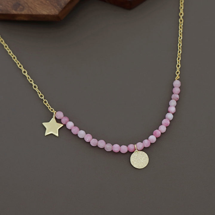 Zahrah Golden Textured Circle Moon And Star Beaded Neckpiece
