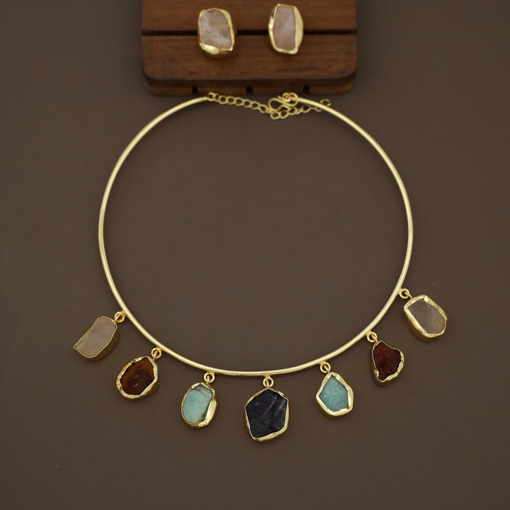 Golden 7 Raw Stone Neck Cuff with Earring