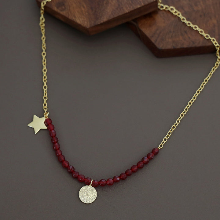 Zahrah Golden Textured Circle Moon And Star Beaded Neckpiece