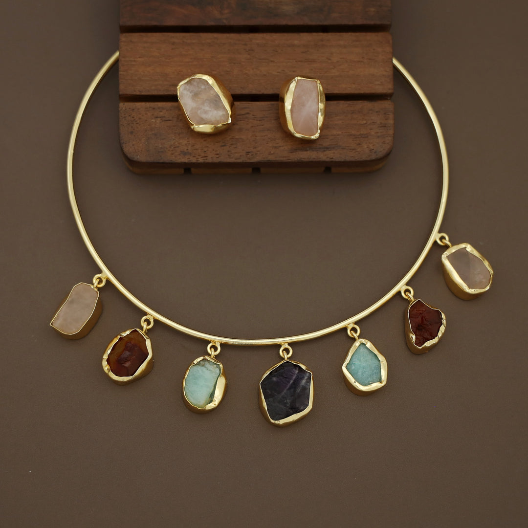 Golden 7 Raw Stone Neck Cuff with Earring