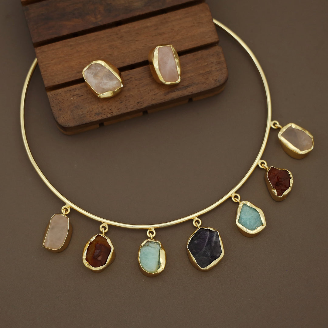 Golden 7 Raw Stone Neck Cuff with Earring
