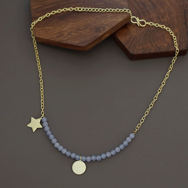 Zahrah Golden Textured Circle Moon And Star Beaded Neckpiece