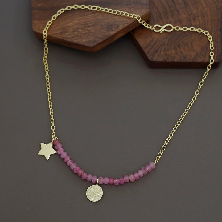 Zahrah Golden Textured Circle Moon And Star Beaded Neckpiece