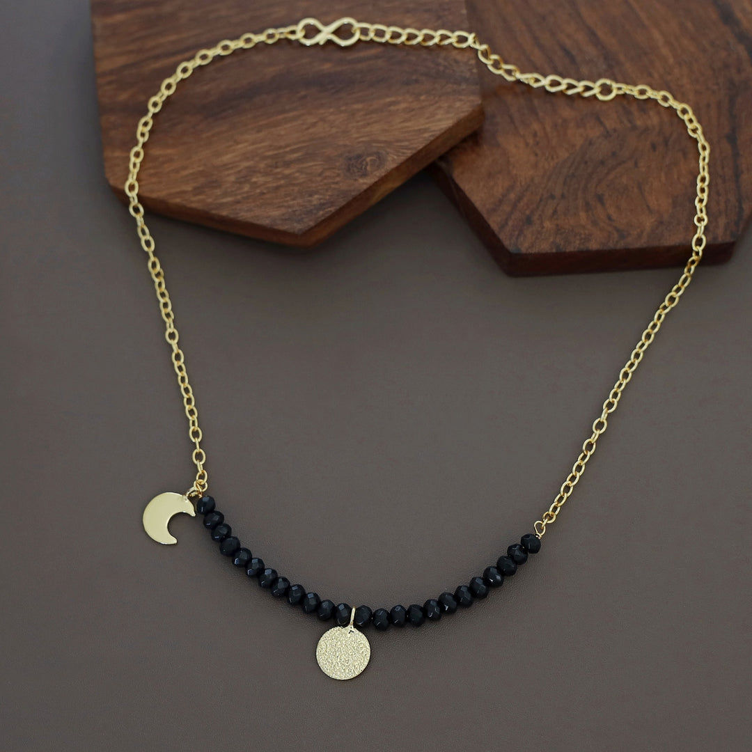 Zahrah Golden Textured Circle Moon And Star Beaded Neckpiece