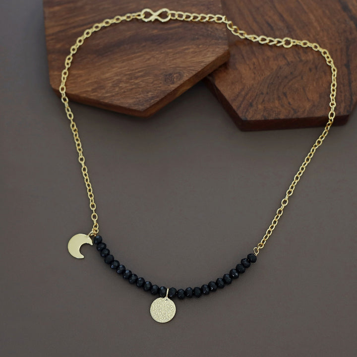 Zahrah Golden Textured Circle Moon And Star Beaded Neckpiece